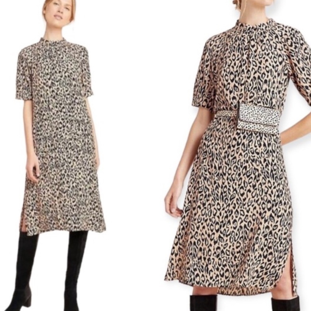 Anthropologie Midi Dress McKenzie Mock Neck Cheetah Print XS Wedding Animal